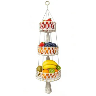 BUERPINKING Obstkorb HäNgend Obst Etagere 3 StöCkig, Hängekorb Küche, Handgewebte Hängekorb Obst für Obst, Gemüse und Snack Aufbewahrung