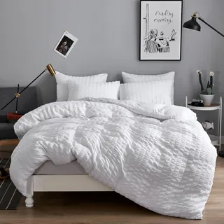 Freyamy Seersucker Bettwäsche 135x200 4teilig Weiß Geprägt Gestreifte Bettwäsche Set Aesthetic Microfaser ÖKO-TEX Bettbezug 2 Deckenbezug mit Reißverschluss und 2 Kissenbezug 80x80cm
