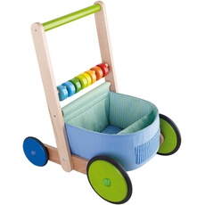 HABA 6432 - Lauflernwagen Farbenspaß, Lauflernhilfe aus Holz und Textil mit bunten Spielelementen, Transportfach für Spielsachen, Bremse und Gummirädern, ab 10 Monaten