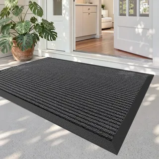 DEXI Fußmatte Außen, rutschfest, 80 x 120 cm, Gestreift Grau | Schmutzfangmatte, pflegeleicht, wetterfest, wasserdichter Gummiboden, dünnes Design, für Eingang, Haustür und Terrasse