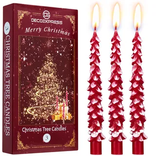 Deco Express Kerzen Set Weihnachten Deko 3er oder 6er Pack Wachs Deko Kerzen im Weihnachtsbaum Motiv 7h Brenndauer Ideal Zum Verschenken (Rot/Weiß, 3 Stück)