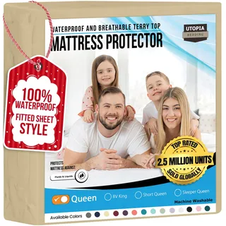 Utopia Bedding Wasserdichter Matratzenschoner, Queen-Size-Größe, Premium-Frottee-Matratzenbezug, 200 g/m2, atmungsaktiv, Spannbetttuch mit dehnbaren Taschen (Beige)