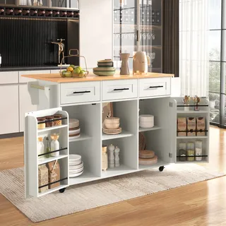 MODFU Kommode Sideboard mit klappbare Arbeitsplatte, Ablagetür, Rollen, auswechselbare Massivholzfüße, Schrank Buffet für Wohnzimmer, Schlafzimmer, Kinderzimmer, Jugendzimmer und Büro, Weiß - Weiß