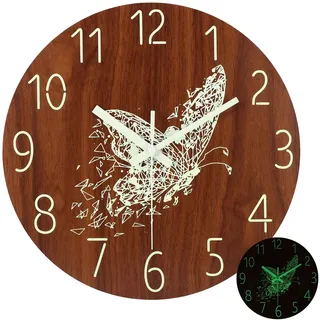 FORNORM Leuchtende Wanduhr, 30,5 cm, Holz, modern, ungewöhnliche Uhr, leise Uhren für Wohnzimmer, Küche, Schlafzimmer, Büro, batteriebetrieben (Schmetterling)