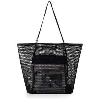 MorLuks Mesh Strandtasche Schwarz XXL, Beach Bag, Strandtasche mit Reißverschluss Innentasche, Strand Tasche Damen, Badetasche Groß, Faltbare Netztasche Handtaschen Strandbeutel