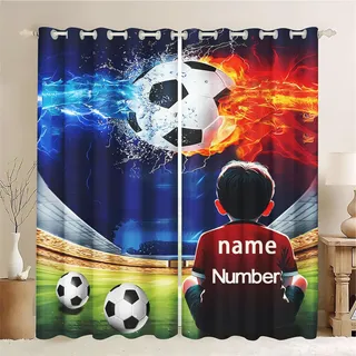 CHEFFS Fußball Vorhänge Blickdicht Verdunkelungsvorhänge Fußball Mit Ösen, Personalisierte Fußball Vorhang Gardinen Verdunklungsgardine 2er Set Für Jungen (1,140 x 175 cm(2X70X175cm))
