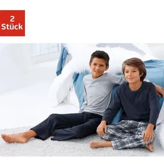 LE JOGGER le jogger® Pyjama Packung, 2 Stück, 4 tlg. Schlafanzug in langer Form, Hose 1x uni und 1x kariert le jogger® marine, grau-meliert