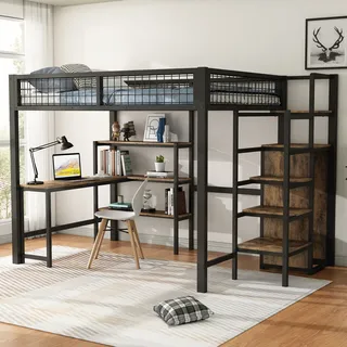 Flieks Etagenbett 140x200cm mit Schreibtisch und Bücherregal, Hochbett mit Kleiderschrank, Kinderbett Metallbett mit Lattenrost, Doppelbett Schwarz - Schwarz