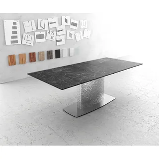 DELIFE Esstisch Edge 180-220x100 Keramik Laminam®Nero Greco Anthrazit Wave Edelstahl ausziehbar - Grau