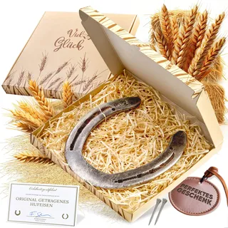 PURAJA Hufeisen Geschenk | Echtes getragenes Hufeisen | Glücksbringer zum Geburtstag, Einzug, Richtfest, zur Hochzeit, Taufe oder Geburt | Original inkl. Echtheitszertifikat
