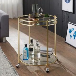 FineBuy Servierwagen Gold Ø 57 cm Beistelltisch Teewagen Metall mit Rollen Küchenwagen mit Glasplatten Barwagen rund 75 cm hoch Küchentrolley modern - Gold