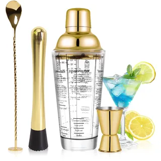 SAVORLIVING 14oz Cocktail-Shaker-Set aus Glas, 4-teiliges Barkeeper-Set, Martini-Mixer-Shaker mit integriertem Sieb, Rührlöffel, Messbecher und Stößel, Bar-Werkzeugset für Anfänger (Gold)