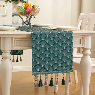 Mayler Yee Tischläufer, Vintage-Stil, luxuriös, Bestickt, Jacquard-Damast-Stoff mit Mehreren Stoffen, für Wohnzimmer, Kommode, Schals (Blaugrün, 33 x 183 cm)