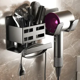 NCKIHRKK Föhnhalter Wand Ohne Bohren, Aluminium Föhn Halterung mit 2 Fächern Aufbewahrung und Kabelhaler, Fönhalter Ohne Bohren für Haartrocknergriffe bis zu 5cm, Schwarz