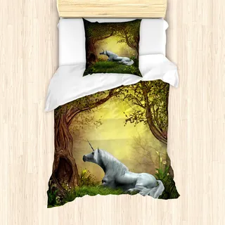 ABAKUHAUS Einhorn Mantele, Fantasy Forest, Milbensicher Allergiker geeignet mit Kissenbezügen, 135 cm x 200 cm - 80 x 80 cm, Grün Weiß - Grün