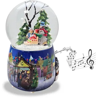 Schneekugel Weihnachten Spieluhr | Familie Winterspaziergang | Sockel Weihnachtsmarkt mit Polyhaus | mit Musik | H:14 cm B: 10 cm | Schüttelkugel | 20265