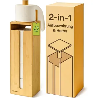 Praknu Toilettenpapier Aufbewahrung Bambus - Toilettenpapierhalter Stehend aus FSC-Holz mit Magnetdeckel für 4 Rollen Klopapier - Platzsparend - rutschfest