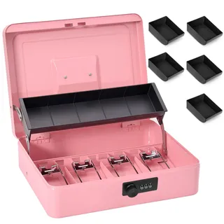 Sgorlds Große Verriegelung Geldkassette mit Zahlenschloss und Spardose, Spardose mit Geldfach, Schloss Safe Box für Büro Business, 30 x 24,1 x 8,9 cm, Rosa