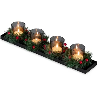 Sziqiqi Adventskranz Länglich Metall Schwarz, Tablett für 4 Teelichter | Modernes Adventsgesteck, Kerzentablett mit Rauchglas und Kleinem Weihnachtskranz, Advent-Kerzenständer für Weihnachtsdeko