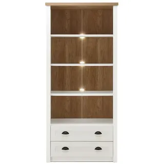 Furn.Design Regal weiß Pinie, Eiche hell Landhaus, Standregal 90 x 198 cm , Holzwerkstoff , Nachbildung,Pinie , 3 Fächer , 2 Schubladen , Sockel , 90x198x43 cm , FSC 100% , Wohnzimmer, Regale, Bücherregale