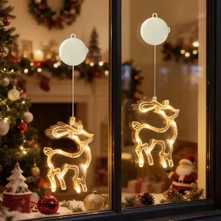 2 Stücke LED Rentier Lichterkette Fensterlicht mit Saugnapf Für Party Weihnachten Hängende Fenster Deko - Weiß