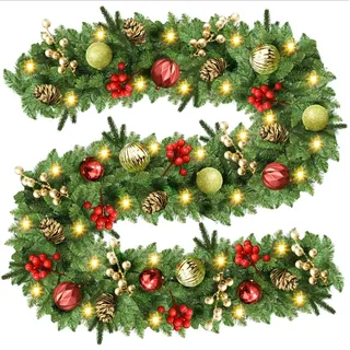 Weihnachtsgirlande mit Beleuchtung, 270cm 30 LED Beleuchtet Girlande Weihnachten Tannengirlande Künstlich Weihnachtsdeko Weihnachtskranz für Tür Kamine Treppen