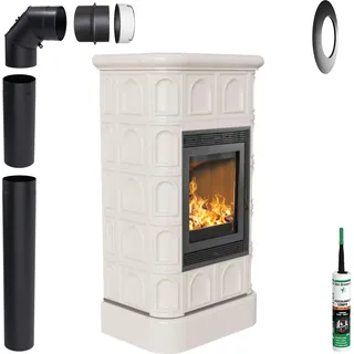 KRATKI Kachelofen BLANKA 8kW Ø160 creme Holz freistehend mit Zubehör - Creme