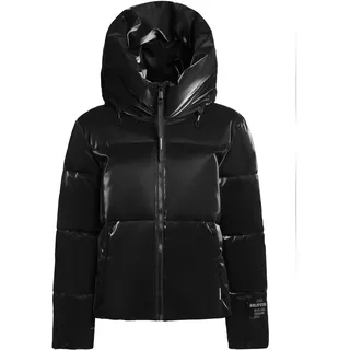 Steppjacke KHUJO "Steppjacke Audrey Shiny", Damen, Gr. XXL, schwarz, Obermaterial: 100% Polyester PES.  Obermaterial: Futter: 100% Nylon NY. 100% Polyester PES., gerade hüftlang, hoch geschlossener Ausschnitt, Ärmel ohne Ärmelschlitz Rippstrickbündchen, Jacken Steppjacke, Schimmernde Damen Winterjacke mit Kapuze