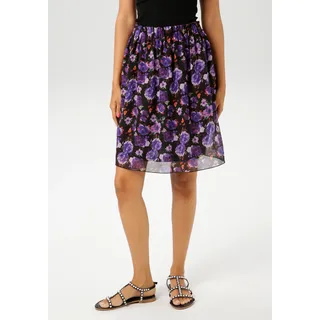 Minirock ANISTON CASUAL, Damen, Gr. 36, schwarz (schwarz, lila, flieder, orangerot, grün, hellgrün, pink, rose, braun, gelb, wollweiß), Georgette, Obermaterial: 100% Polyester. Futter: 100% Polyester, bedruckt, geblümt, figurumspielend kniefrei, Röcke Minirock, mit romantischen Blüten und Blättern bedruckt