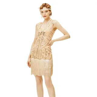 BABEYOND Damen Flapper Kleider 1920er Jahre Perlen Fransen Great Gatsby Kleid, Champagner und Gold, L