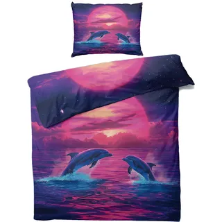 MOBEITI Delfin Bettwäsche 135x200, Neon Mond Meer Delphin Wendebettwäsche, Weiche Kuschelige Mikrofaser Bettbezug Set 2teilig, 1 Kissenbezug 80x80, mit Reißverschluss -MO&265