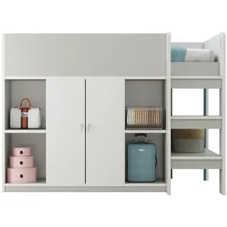 Stilvora Hochbett 90/200 cm in Grau & Weiß mit Schrank, Regalen und Leiter , Holz , 90x200 cm , Babymöbel & Kindermöbel, Kinderzimmer & Jugendzimmer, Kinderbetten, Hochbetten