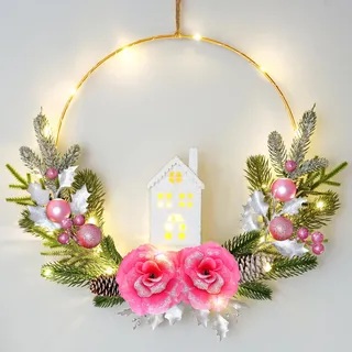 Dremisland Fensterdeko Weihnachten LED Dekoring Prelit Weihnachtskranz mit Beleuchtetem Haus Türkranz für Haustür 40cm Tannenkranz Rose Adventskranz Winter Kranz Weihnachtsdeko Innen Außen Wohnkultur