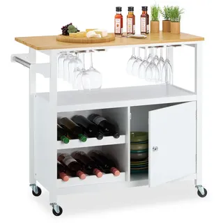 Relaxdays Küchenwagen, Weinregal, Gläserhalter, Schrankfach, Handtuchhalter, hbt: 83x92x40 cm, Bambus, mdf, weiß/natur