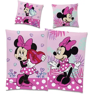 Disney Minnie Mouse Flanell Kinder Wende-Bettwäsche Herz Pink Rosa 135 x 200 cm + 80 x 80 cm mit YKK-Reißverschluss 100% Baumwolle Biber Minnie Maus Disney Mickey Maus Sweet Love Deutsche Größe