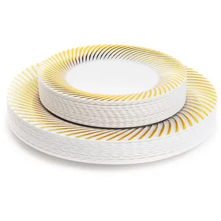 MATANA 40 Weiße Plastikteller mit Goldrand für Hochzeiten, Geburtstage, Taufen, Weihnachten & Partys - 2 Größen (20 x 18cm, 20 x 26cm) - Mehrweg & Stabil