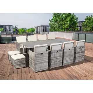 Ribelli Gartenmöbel Set 13-Teilig, Balkonmöbel aus Polyrattan, Wetterfest Sitzgruppe, Sitzgarnitur mit Sofa, Esstisch, Outdoor Kissen, Hocker, Stapelbar, für Rasen, Terrasse, Balkon, Garten, Grau