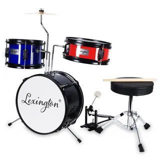 Lexington 3 PC, Schlagzeug Set mit Snare, Tom, Bass Drum, Bass Drum Pedal, Thron, Becken, Drumsticks, Schwarz, Blau, Rot