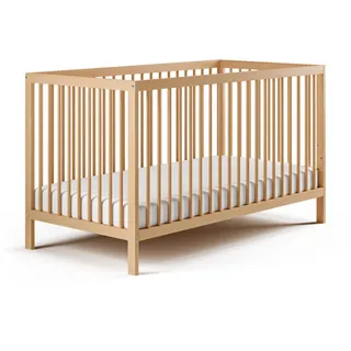 Kids Collective Babybett Kinderbett Gitterbett höhenverstellbar , herausnehmbare Sprossen Buchenholz sehr stabil, mit Matratze, 60x120 cm - Naturbelassen