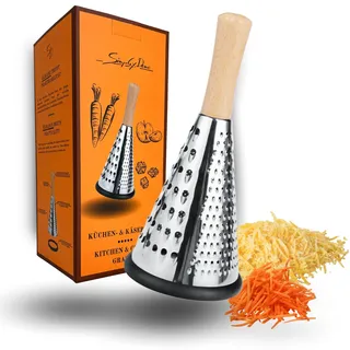 Edelstahl Küchenreibe mit Buchenholzgriff - Kegelreibe mit 3 Schnittflächen ideal als Parmesanreibe, Käsereibe, Zitronenreibe - Küchen Reibe fein & grob - Küchenraspel auch für Muskatnuss & Karotten