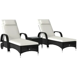 Outsunny Gartenliege Tisch 3er-Set Gartenmöbel, Polyrattan+Metall Schwarz+Cremeweiß , Kunststoff , 73x103x200 cm , Gartenmöbel, Gartenliegen