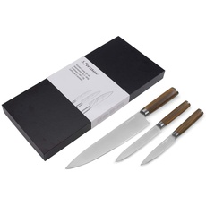 Ferraux Professional 3er Messerset Edelstahl Kochmesser 20 cm (Japanisch) - Fleischmesser - Allzweckmesser - Edelstahl - Griff in Holzoptik - - Aus einem Stück geschmiedet