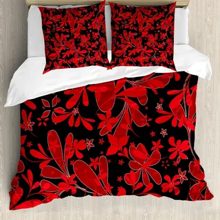 ABAKUHAUS Rot und Schwarz Bettbezug, Oceanic Insel-Blumen, Milbensicher Allergiker geeignet mit Kissenbezügen, 155 cm x 220 cm - 80 x 80 cm, Rubin Schwarz Weiß - Schwarz