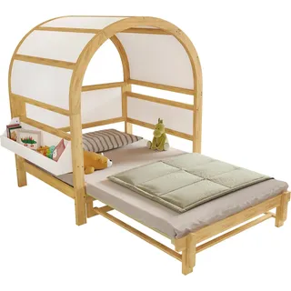 Kinderbett - Hausbett mit Dach - Ausziehbar - Tagesbett - Seitliche Ablage - Kiefer + MDF - 140 x 200 cm - Weiß