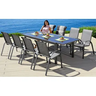 Merxx Garten-Essgruppe »Amalfi, TOPSELLER!« 8 Stapelsessel, 1 Ausziehtisch 180(240)x100 cm, OTTOs Choice, 9 Stk. tlg. pulverbeschichtetes Aluminium, 100 % Polyester,für 8 Personen geeignet, schwarz