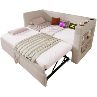 Flieks Tagesbett 90x190cm Einzelbett Schlafsofa Ausziehbett Usb-C & Halter Beige , Holz , 90x190 cm , Schlafzimmer, Betten