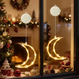 2 Stücke LED Mond Lichterkette Fensterlicht mit Saugnapf Für Party Weihnachten Hängende Fenster Deko - Weiß