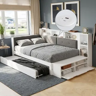 Holzbett 120x200 cm mit Ausziehbett 90x190 cm, Funktionsbett mit Stauraum und Ladefunktion, Jugendbett Einzelbett mit gepolstertem Kopfteil - Weiß