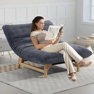 LVHOM Relaxsessel Cord, Loungesessel mit Holzgestell & dickem XXL-Polster, Ergonomischer Lesesessel Skandinavisch für Wohnzimmer, Grau - Grau