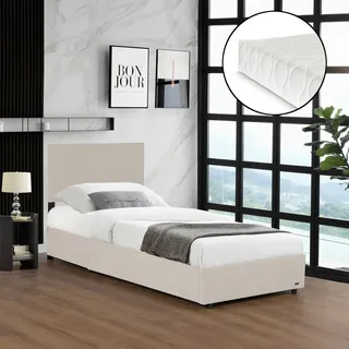 Polsterbett 'Juva' Einzelbett mit Matratze Bettkasten und aufklappbarem Lattenrost 90 x 200 cm Cord Beige - Beige